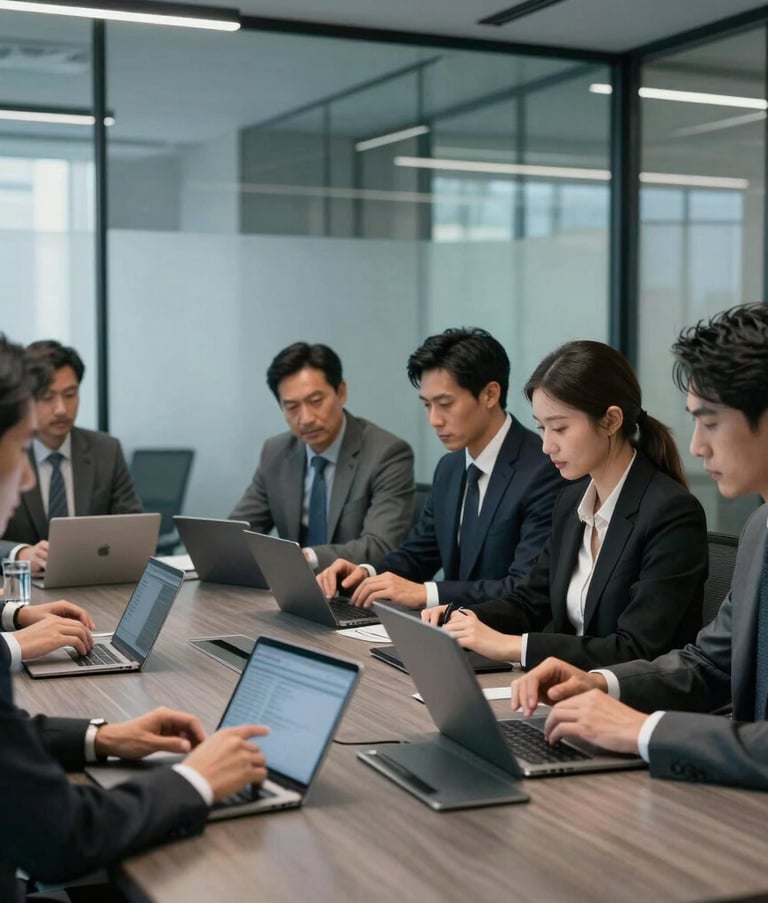 A group of professional business people in a modern glass-walled conference room collaborating over digital devices, North American / International office setting, sophisticated dark gray and muted blue-gray tones.