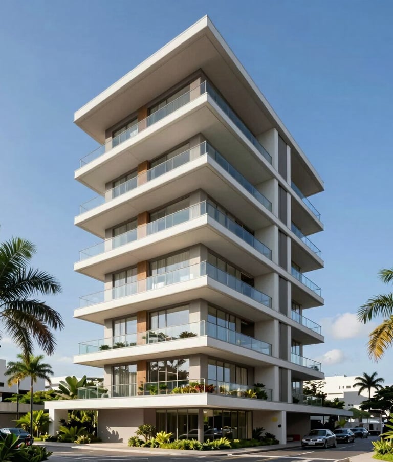 A wide architectural shot of a contemporary luxury residential building in Brazil, featuring large glass balconies and modern geometric lines. The building is surrounded by lush green tropical landscaping under a clear bright blue sky. High-end real estate photography style with clean composition.