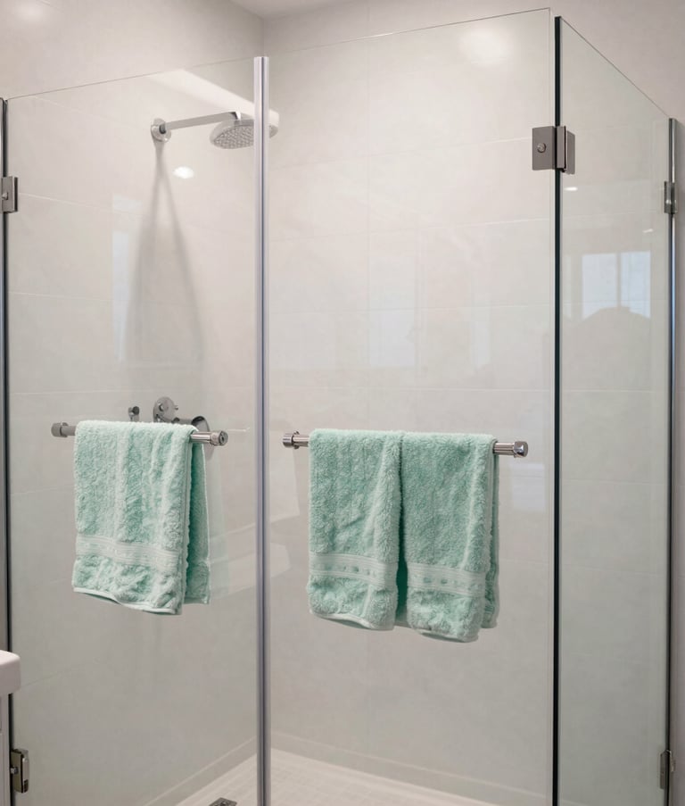 A stunning transformation photo of a modern bathroom in a North American home, featuring a large glass-enclosed shower with pristine white tiling and soft mint green towels hanging neatly on a sleek chrome rack.