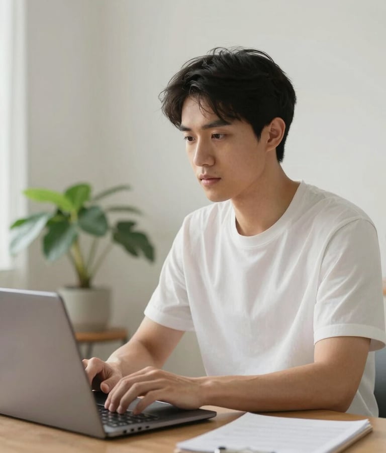 A focused individual in a modern North American home office, typing on a laptop with a look of quiet determination and hope. The setting is clean and organized, with a soft off-white background and a small green plant, captured in bright, natural morning light.
