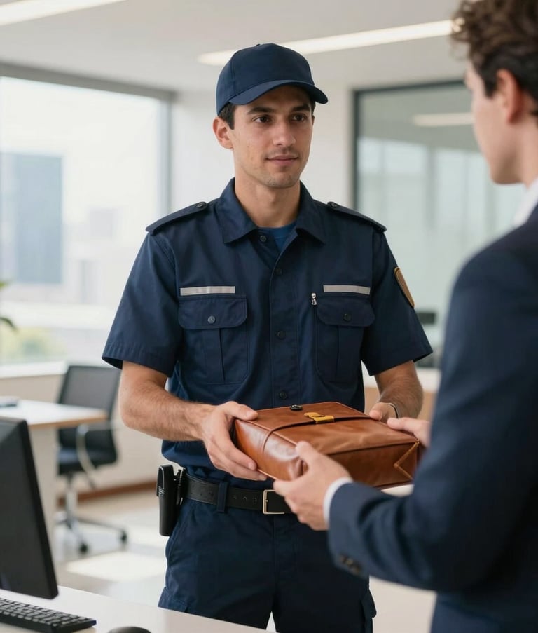 Professional South American courier in a navy blue uniform handing a secure, sealed leather document pouch to a corporate executive in a modern Brazilian office lobby, afternoon natural light.