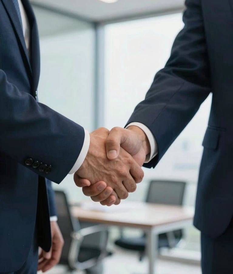 Close-up of professional business people shaking hands in a bright, modern office in Brazil, professional attire, soft daylight, with cyan and midnight blue elements in the background.