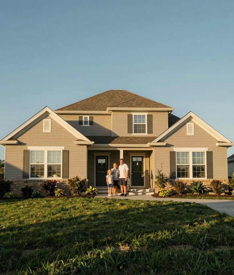 A wide-angle professional photograph of a suburban North American family home with a well-maintained lawn and a strategic, inviting composition, warm late-afternoon sunlight, soft blue and tan tones.