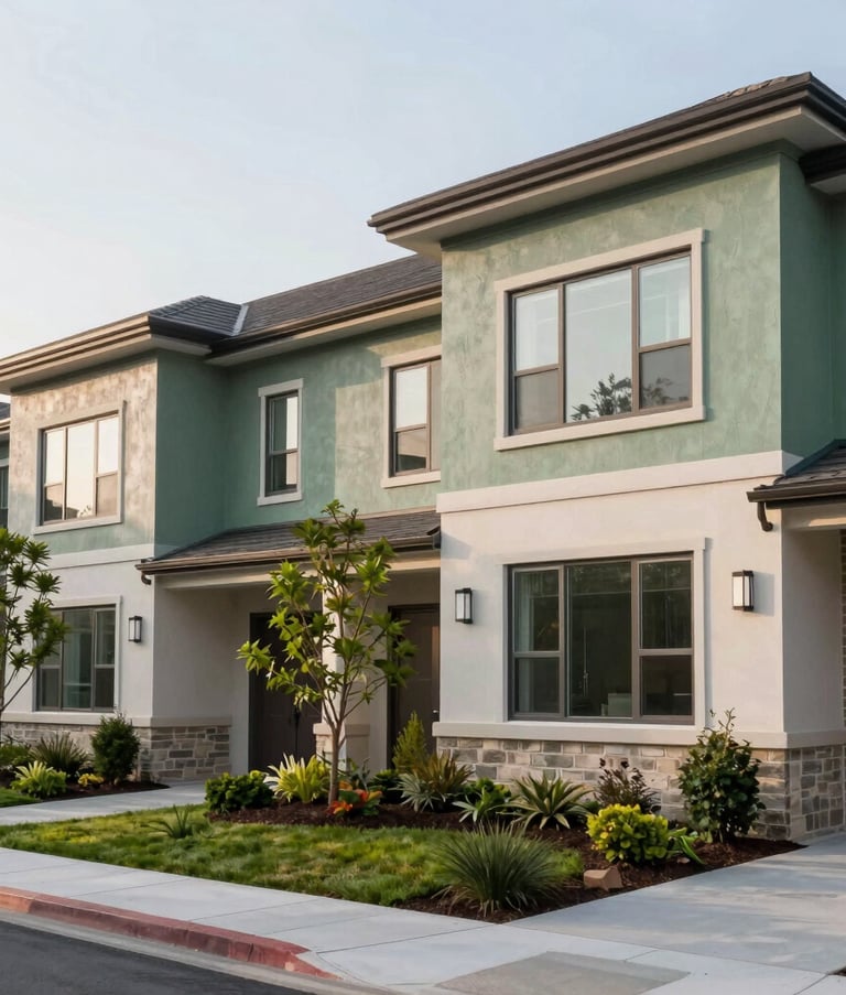 Photography of a modern North American residential complex with clean architectural lines and sage green accent walls, featuring professionally maintained landscaping.