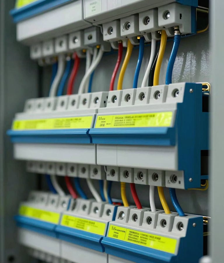 Detailed close-up of a modern electrical panel with perfectly organized wiring, featuring electric blue components and neon yellow labels, reflecting a high-tech system-driven power environment in a North American setting.