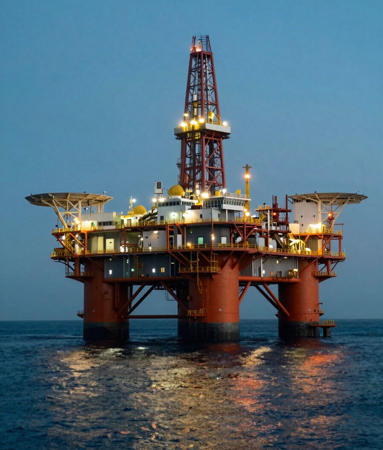 Wide shot of a modern offshore oil platform at dusk, reflecting orange and teal lights on the water, representing a complex infrastructure environment in South America, captured with high professional clarity and sharp focus.