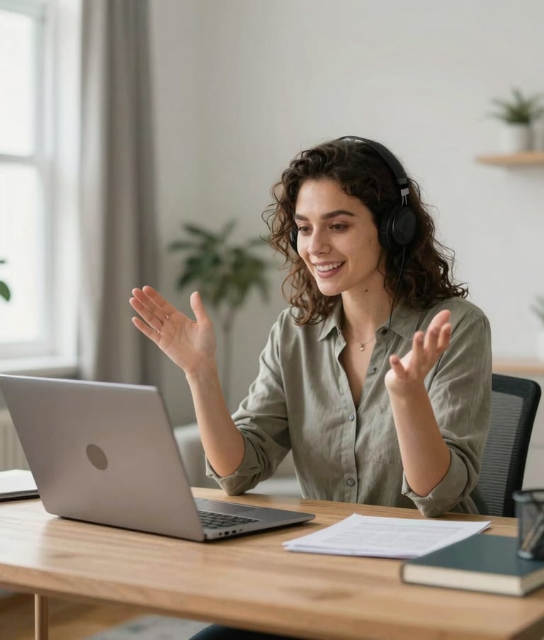 A professional in a bright, modern North American home office comfortably participating in a high-definition video conference, illustrating a stable and fast internet connection.