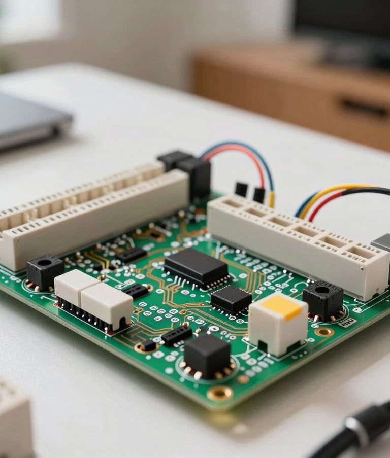 A detailed, sharp photography of a neatly organized electrical circuit board in a modern South American / Brazilian home, showing color-coded wires and precise labeling, professional and high-standard workmanship, bright and clean composition.