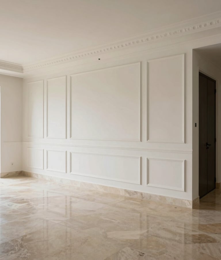 Architectural photography of a luxurious living room in Brazil featuring impeccably finished walls and polished stone flooring. The composition is clean and modern, with soft natural light reflecting off the high-quality construction finishes in shades of off-white and charcoal.