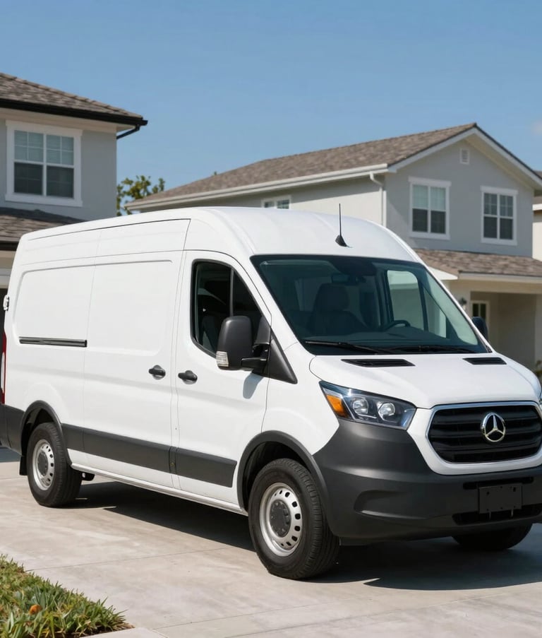 A bright, high-resolution photo of a clean white service van parked in a sunny North American driveway in Orlando. The scene is approachable and professional, featuring modern residential architecture and a clear blue sky.