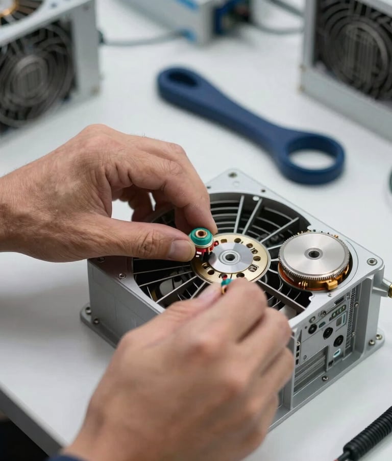 A detailed close-up of a technician's skilled hands adjusting the delicate internal components of a cooling system. Professional atmosphere, Middle Eastern Gulf setting, featuring a clean workbench and navy blue tools.