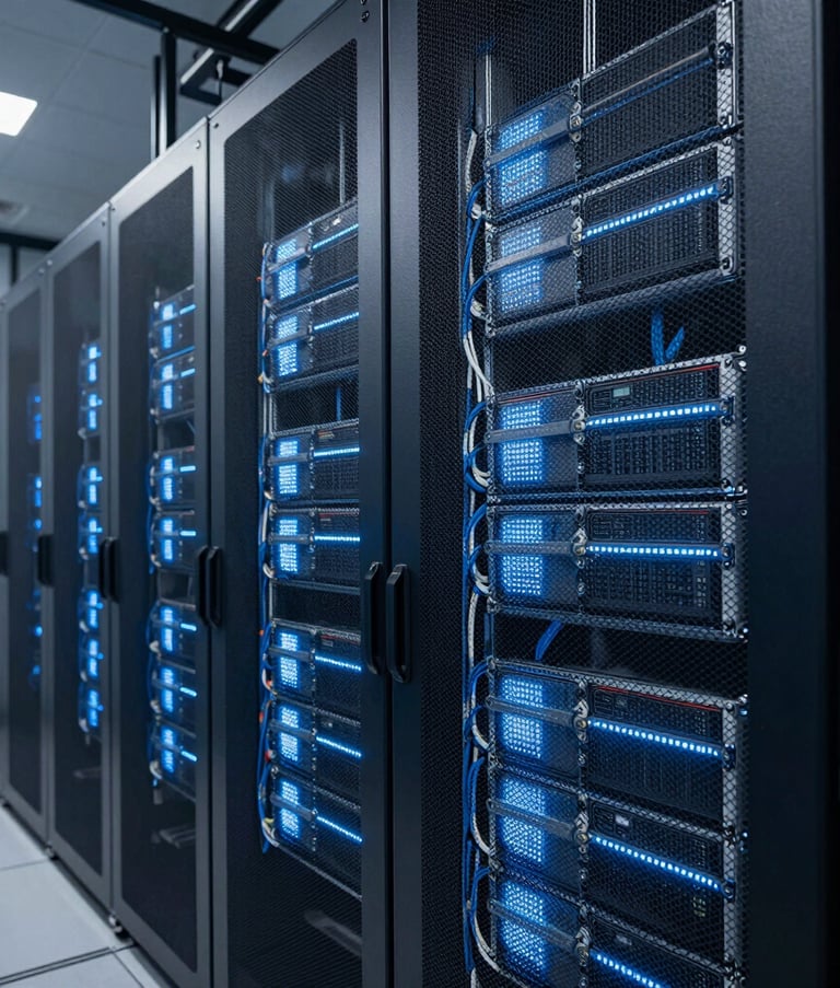 A futuristic server room with glowing dark blue and light gray LED panels, showcasing clean cable management and high-tech infrastructure, sleek and professional atmosphere in a US data center.