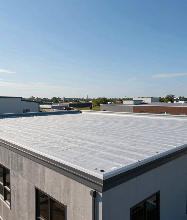 A wide-angle professional photograph of a completed commercial flat roof on a modern building in New Jersey. The roof is clean and perfectly installed, set against a clear blue sky during the day. The architecture is industrial and modern.