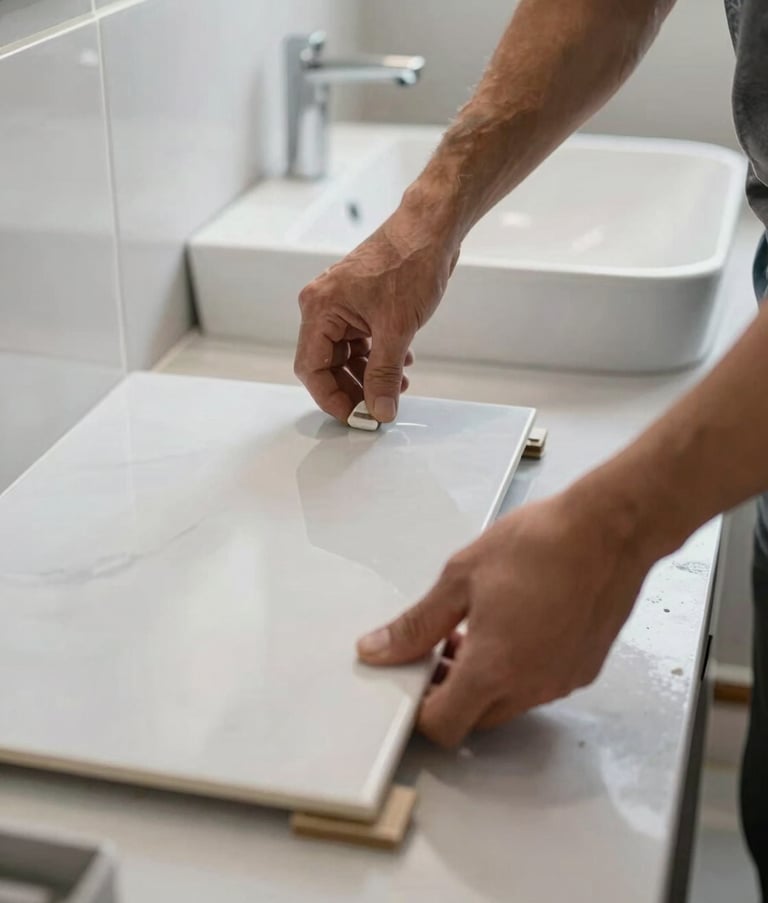 Close-up of a skilled worker's hands precisely installing large format porcelain tiles in a modern bathroom, focused lighting on the craftsmanship, professional construction environment.