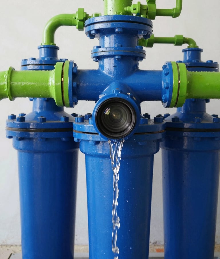 Close-up of a modern water filtration unit with industrial pipes in Cobalt Blue and Apple Green, showing clean water circulation in a Mexican industrial setting, bright professional lighting.