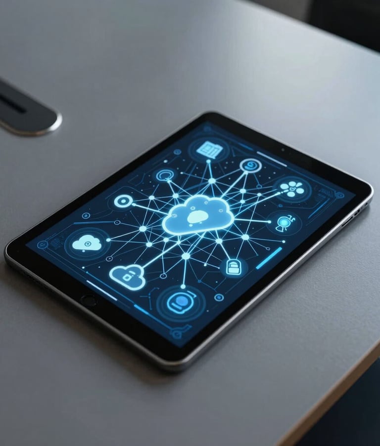 A top-down view of a sleek conference table in a modern South Asian / Global Professional executive suite. A high-resolution tablet shows a complex AI neural network diagram and cloud architecture icons. Colors are slate gray and light blue.