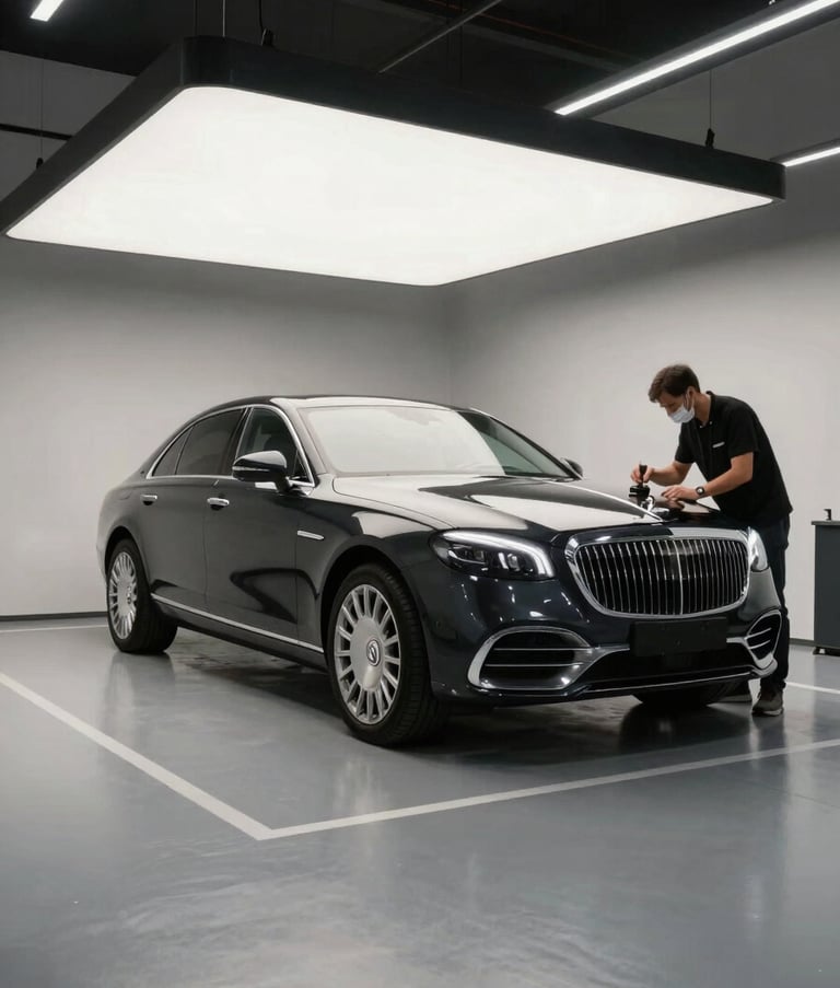 Wide shot of a minimalist and modern car detailing workshop in Western Europe, featuring a clean grey floor and professional lighting illuminating a luxury vehicle being meticulously inspected.