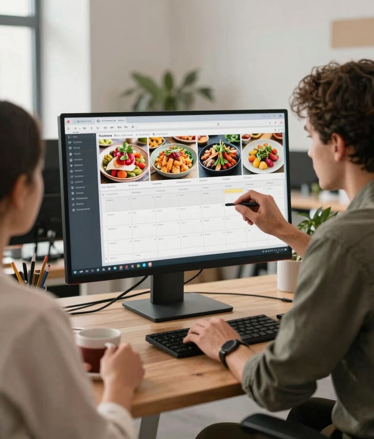 A professional social media manager working in a bright, modern office with scandinavian furniture. They are reviewing a content calendar on a large monitor showing vibrant food images. Warm, approachable atmosphere. North American / European office environment.