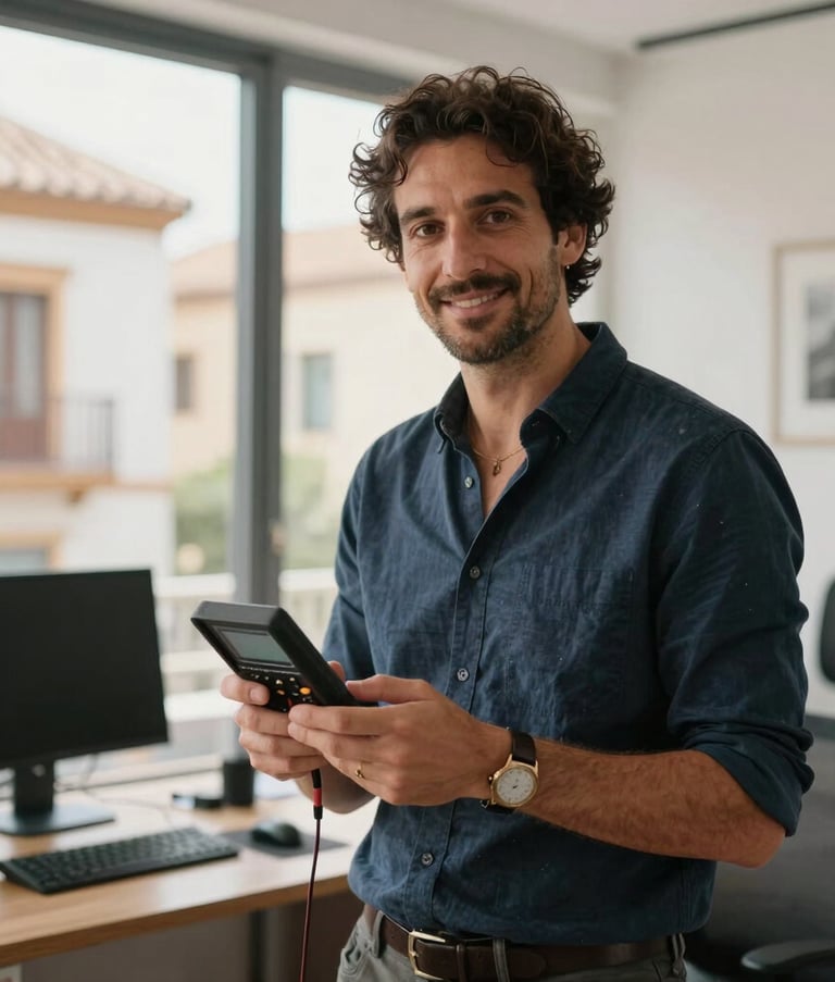 A professional portrait of a male acoustic engineer in a smart-casual outfit, standing in a bright, modern office in Malaga. He is holding a digital measurement device, looking friendly and accessible, with Southern European architecture visible through the window.