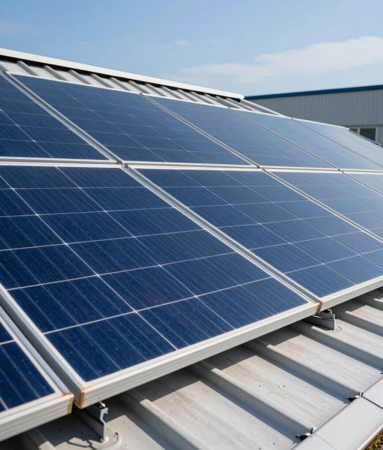 A close-up photograph of high-quality, modern blue photovoltaic panels installed on a commercial roof under a clear sky in Germany, symbolizing sustainable energy and professional competence.