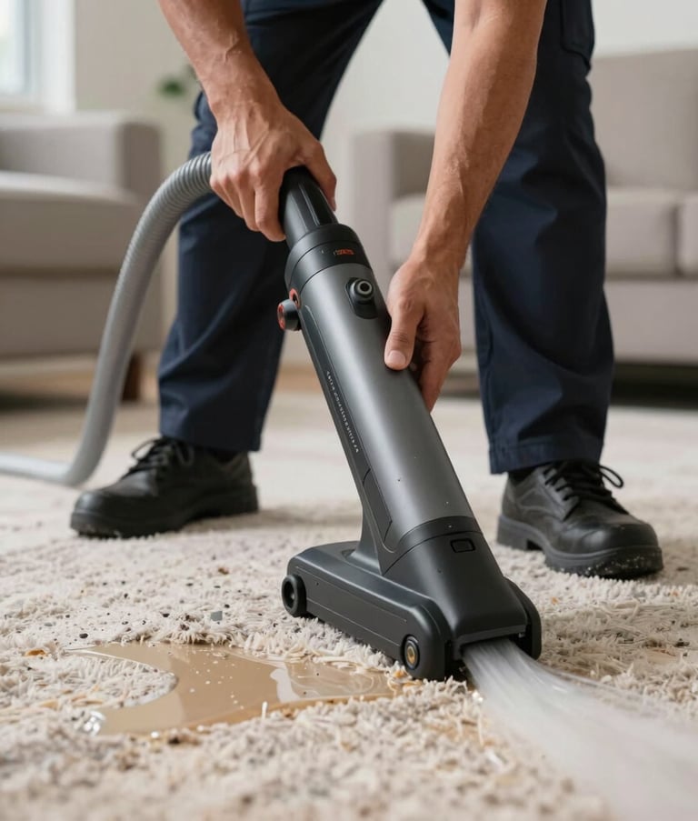 A close-up photograph of a technician using a high-powered water extraction vacuum on a soaked carpet inside a Miami residence. The technician wears professional gear, and the scene is lit with clear, bright lighting to emphasize efficiency and cleanliness.