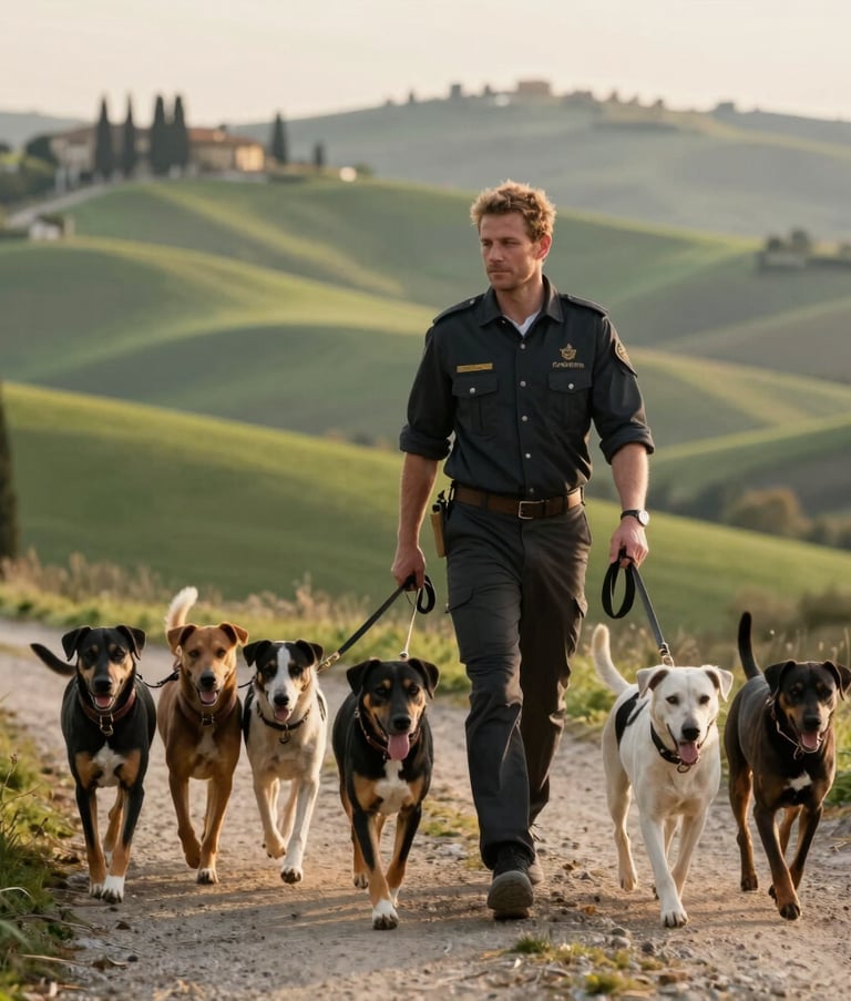 A professional dog walker in Southern European / Italian attire leading a group of well-behaved dogs along a scenic hilltop path in Fiesole, warm morning light, soft green hills background.