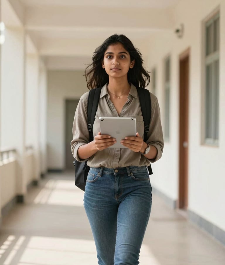 Candid photography of a confident South Asian student holding a tablet and walking through a bright, sunlit university corridor with modern off-white walls. The student looks determined and inspired, representing the future of private education in India.