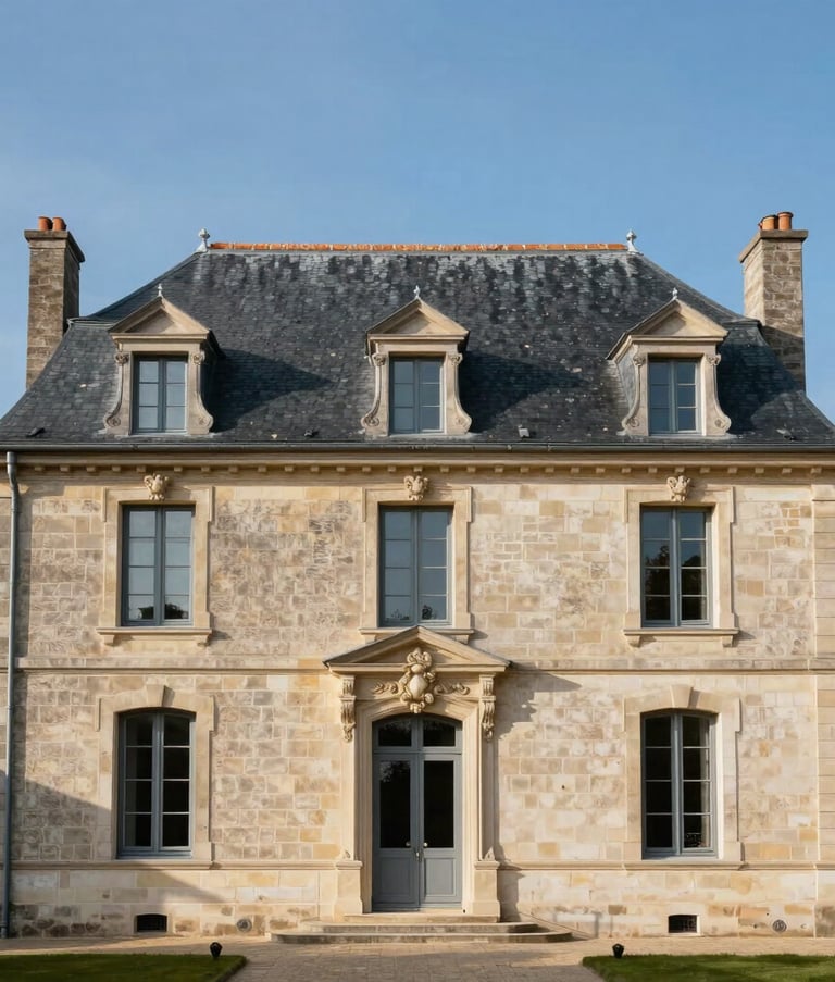 Wide-angle photography of a beautifully renovated traditional house in France with a new slate roof, elegant architecture, clear blue sky, professional and reliable atmosphere.