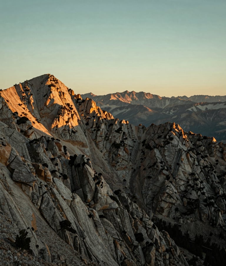 A scenic wide-angle photograph of a rugged mountain ridge in the United States during the golden hour. The landscape is bathed in soft sage and pale green light, reflecting a sense of natural strength and endurance.