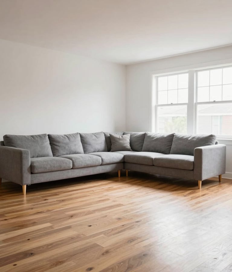A wide, bright North American living room showing a pristine, modern interior with hardwood floors and a grey sofa. The room is flooded with natural light, emphasizing a fresh and sophisticated sense of renewal.