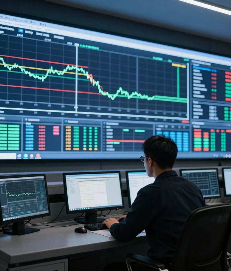 A clean, high-tech energy control room in North America. A professional analyst is silhouetted against large, bright digital displays showing complex power grid visualizations and live data streams. The mood is sleek and contemporary with steel blue and dark navy tones.