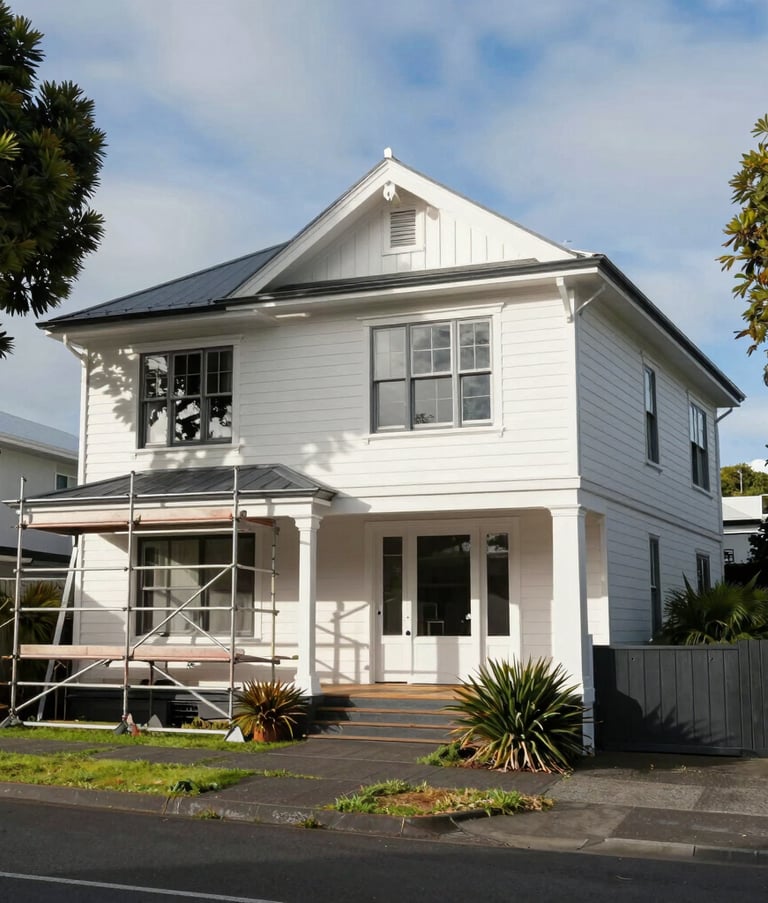 A wide-angle shot of a classic Auckland villa being restored with fresh white and charcoal paint. The setting is a lush, sunlit suburban street in Oceanic / New Zealand with professional scaffolding neatly arranged.