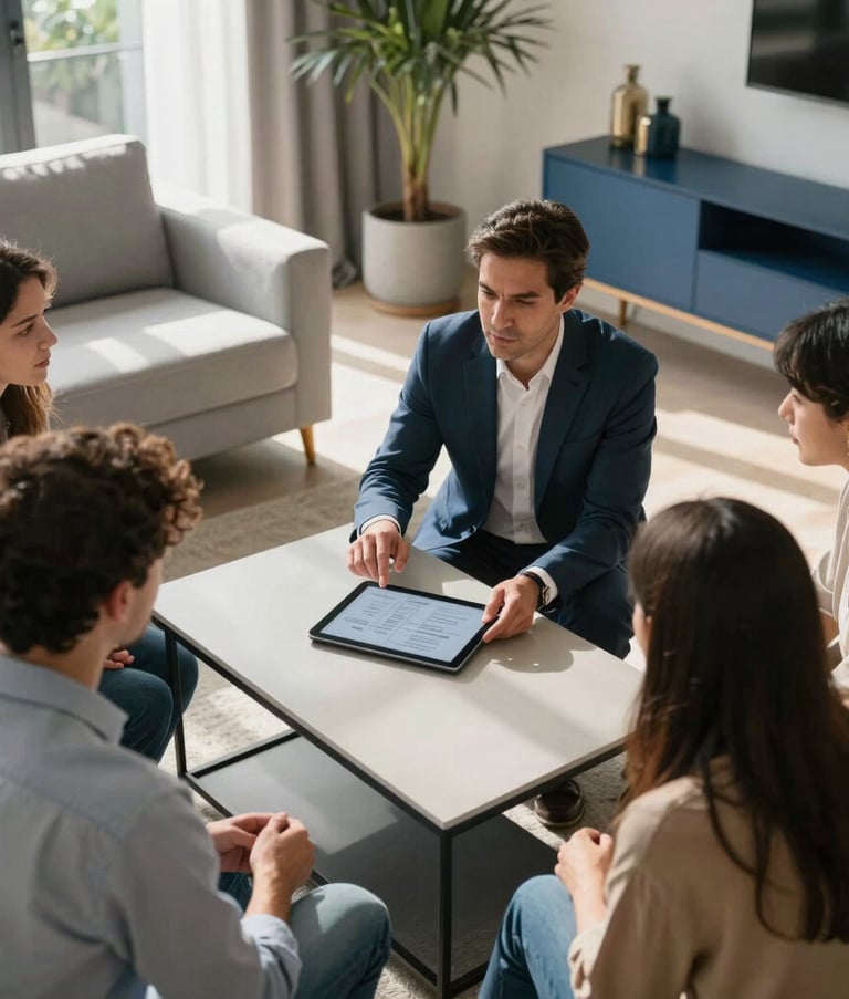 A high-angle photography shot of a real estate consultation in a sun-drenched, modern Spanish apartment. A professional agent is discussing plans on a tablet with clients, surrounded by light gray and steel blue interior decor.