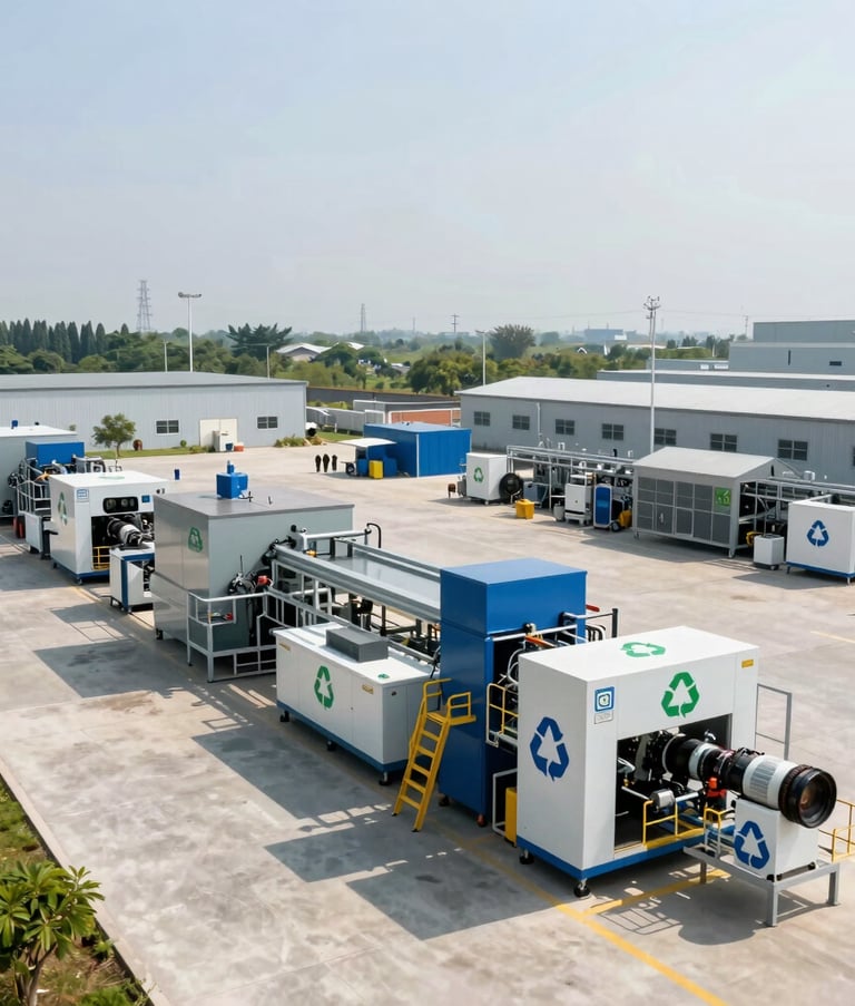 A wide-angle professional photograph of a state-of-the-art recycling facility in a South Asian industrial zone. The scene is clean, organized, and brightly lit by sunlight, featuring modern machinery and an emphasis on environmental responsibility and order.