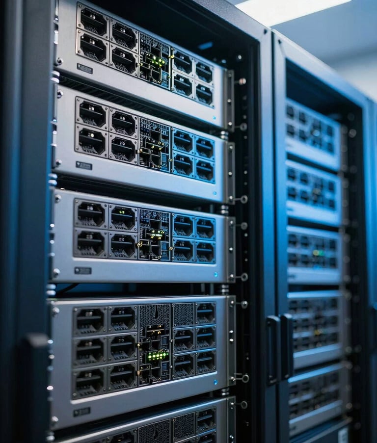 Detailed photography of high-end networking hardware and servers in a Brazilian data center, lit with steel blue and light blue ambient lighting, conveying technical precision and reliability.