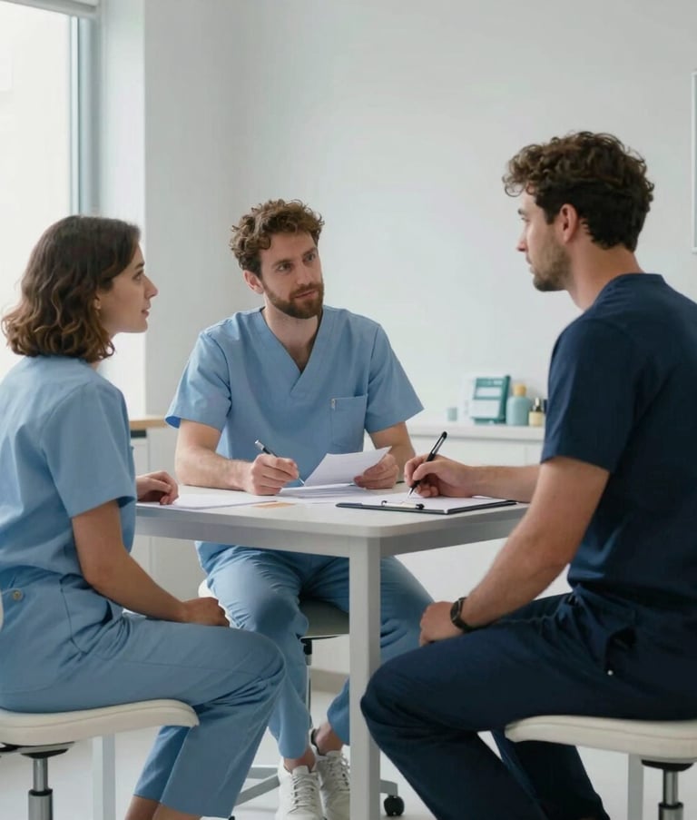 A professional consultation room in a modern Spanish occupational health clinic. Soft natural light, minimalist furniture in light blue and navy tones, showing a sophisticated and trustworthy clinical atmosphere.