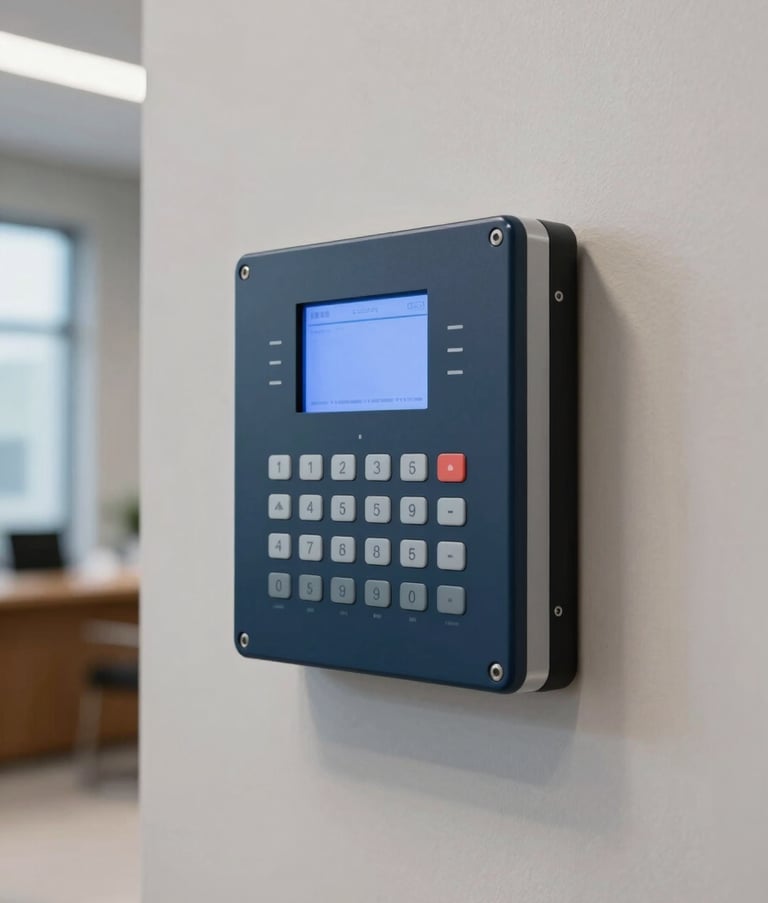 A sleek, wall-mounted digital fire alarm control panel inside a modern North American corporate lobby. The device features a small glowing screen and neat rows of buttons, showing dark blue and light gray accents. The surrounding environment is clean, professional, and well-lit.