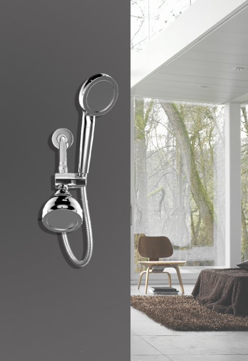 Modern chrome dual shower head system with handheld sprayer mounted on a dark grey bathroom wall.