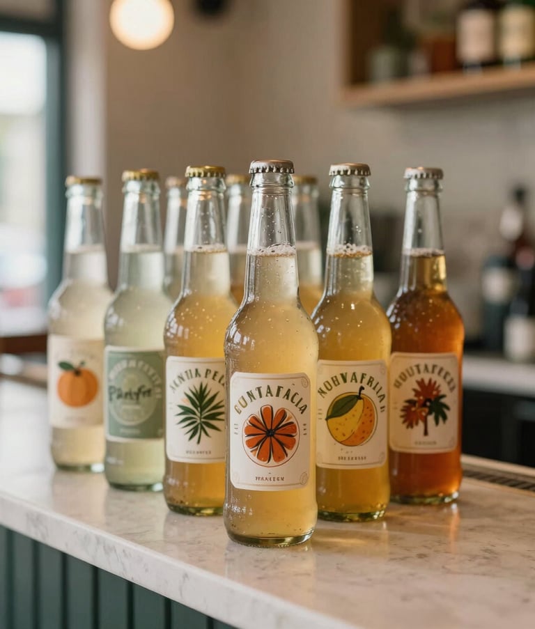 A vibrant composition of refreshing glass beverage bottles arranged on a clean, modern counter, soft natural lighting, South American cafe ambiance, conveying a refreshing and premium commercial experience.