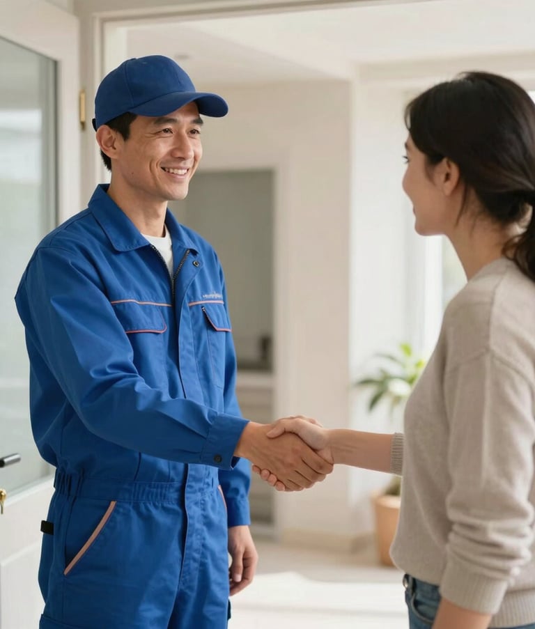 A professional plumber in a medium blue uniform shaking hands with a satisfied customer in a modern, well-lit Turkish home entrance. The atmosphere is warm and trustworthy, highlighting professional service and reliability with a color palette of light blue and off-white.