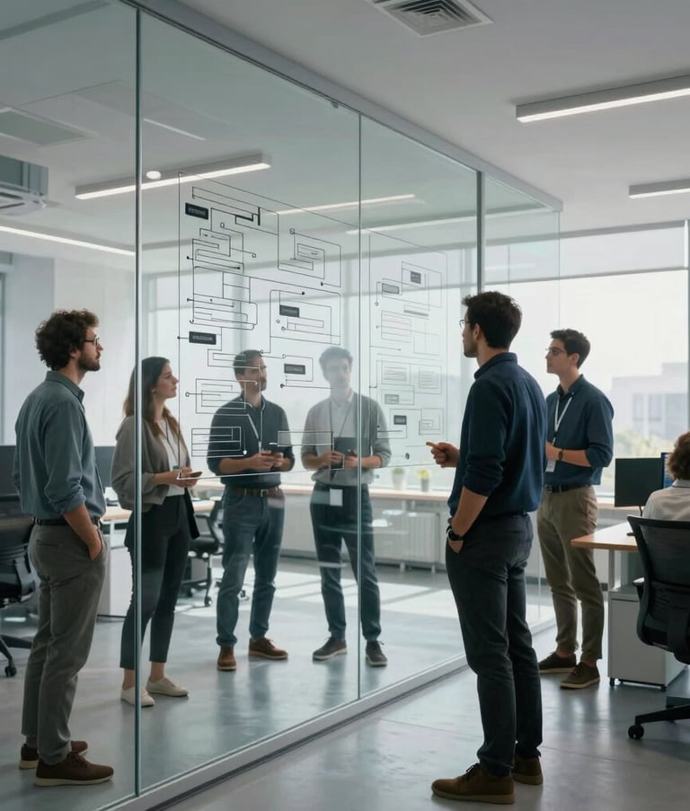 A group of professional Turkish developers and designers collaborating in a light-filled, modern tech hub. They are looking at a large glass wall covered in workflow diagrams. The room is decorated in light grey and white, with natural light pouring in from large windows.