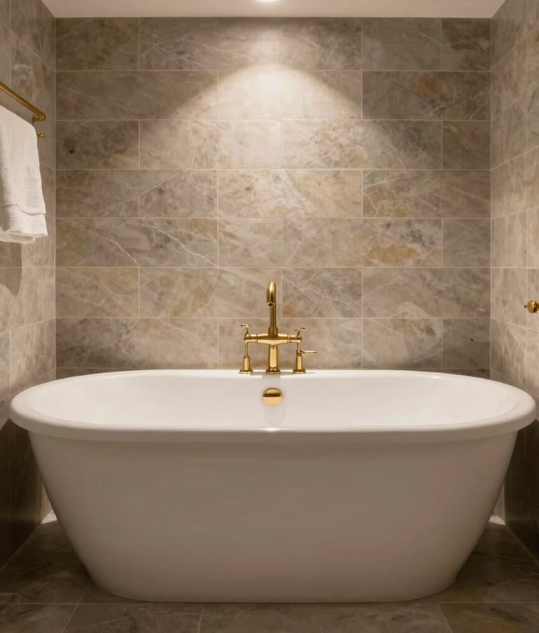 A wide-angle professional photograph of a luxury bathroom in a Northern European home. Features include a freestanding porcelain bathtub, sleek slate-colored tiles, and high-end brass fixtures. The lighting is warm and inviting, emphasizing cleanliness and sophisticated design.