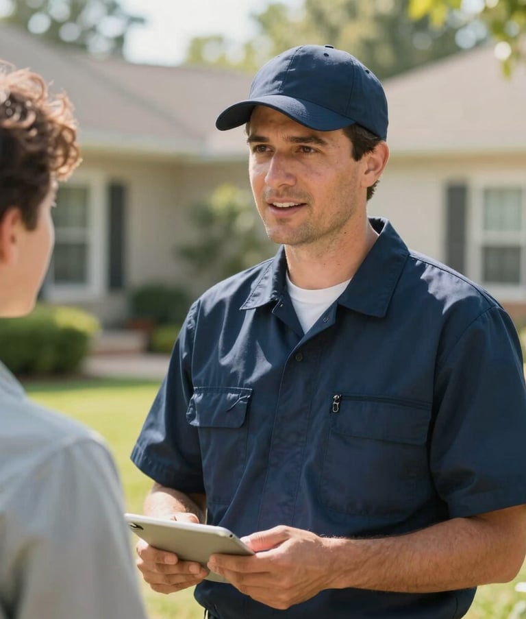 A close-up of a professional technician in a clean dark navy blue uniform speaking politely to a homeowner in a bright Southeastern US backyard. The scene is lit by natural afternoon sun, conveying a sense of reliability and customer-first service.