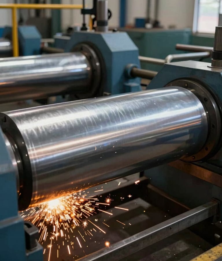 Close-up action photography of an industrial rolling machine curving a thick sheet of metallic steel in a modern Mexican factory, sparks and clean reflections on the metal surface.