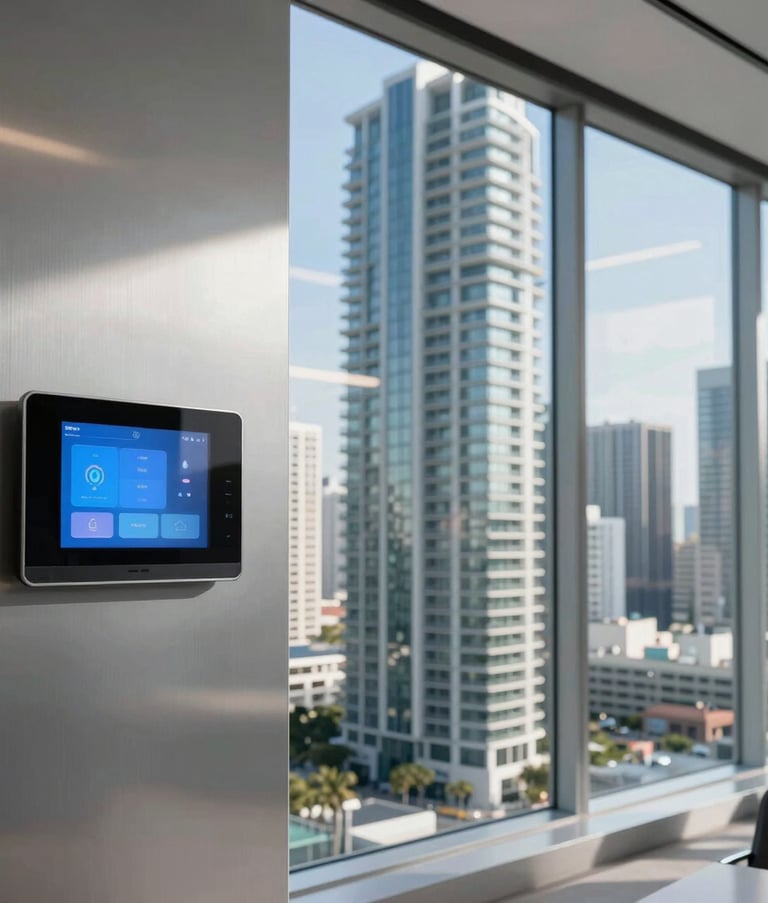 A view through a large glass window of a sleek Miami high-rise office overlooking the city skyline. Inside, a smart climate control interface on a silver wall reflects the bright daylight. Modern, high-tech corporate atmosphere.