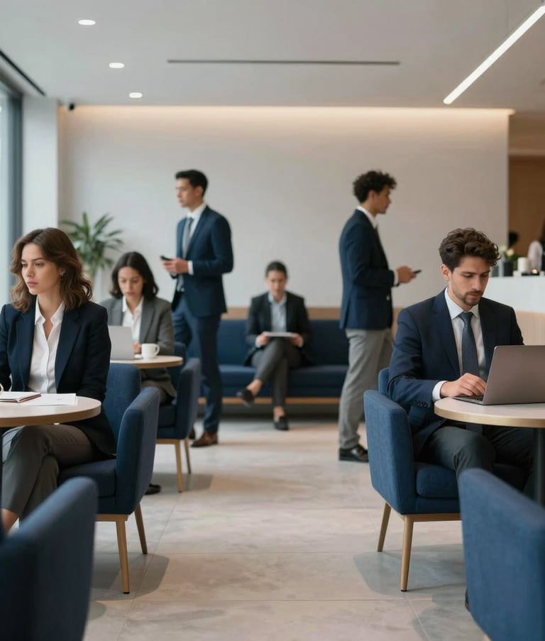 Wide shot of a clean and modern South American business lounge. Professionals in smart attire are seen in a soft-focus background, conveying a sense of teamwork and professionalism. The decor features navy blue and light grey tones with contemporary architecture.