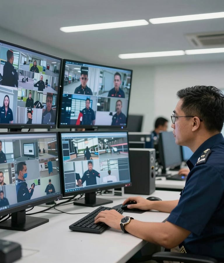 Pemandangan sudut lebar dari ruang kendali keamanan modern di Indonesia, menampilkan layar monitor yang menampilkan rekaman CCTV jernih, atmosfer profesional dengan nuansa warna biru navy dan perak.