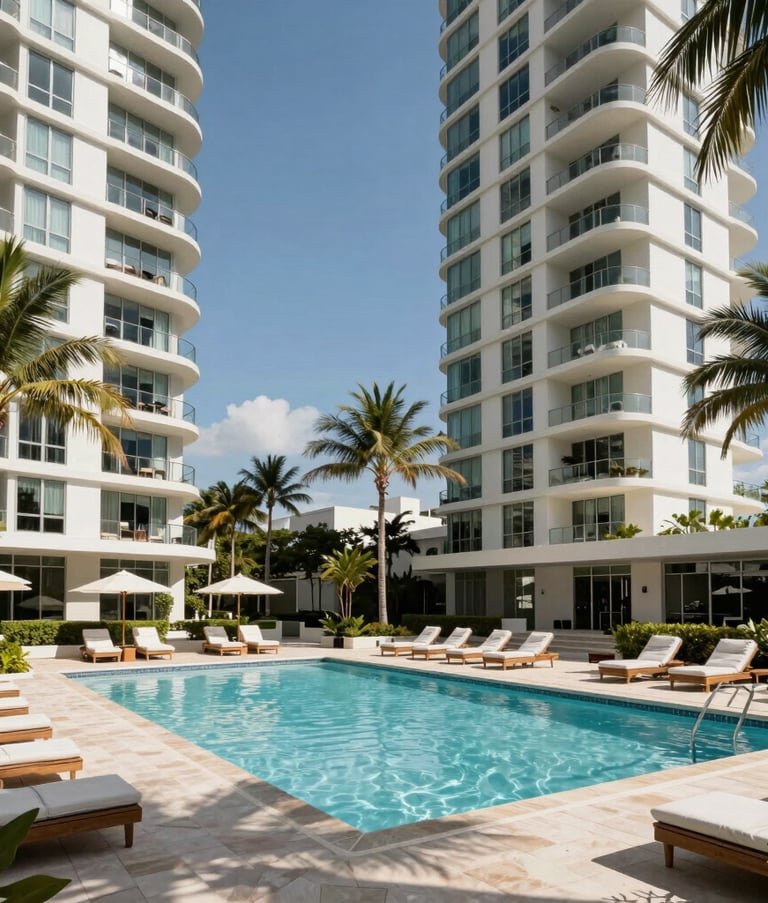 Wide-angle photography of a luxury apartment complex in Fort Lauderdale, South Florida, featuring sleek modern architecture, palm trees, and a sun-drenched pool area, representing high-end property management standards.