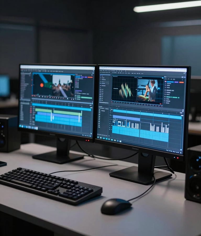 A high-tech digital production studio in a modern Brazilian workspace. Shallow depth of field focusing on a sleek editing workstation with dual monitors showing complex video timelines and glowing blue interfaces. The background is a dark, sophisticated dark-mode environment.