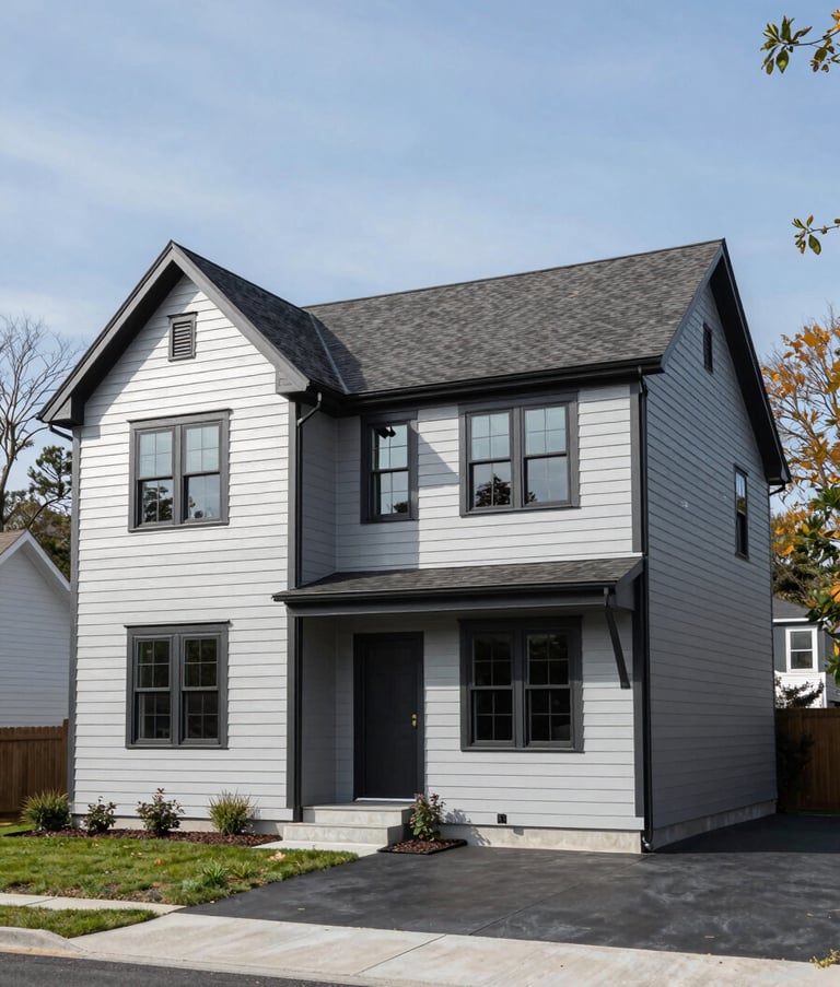 Professional photography of a custom-built North American craftsman-style home in Claremont, New Hampshire. The exterior features silver grey siding and charcoal window frames. The composition is a three-quarter view from the street level, showcasing a clean, modern aesthetic with a paved driveway. Bright, clear daylight.